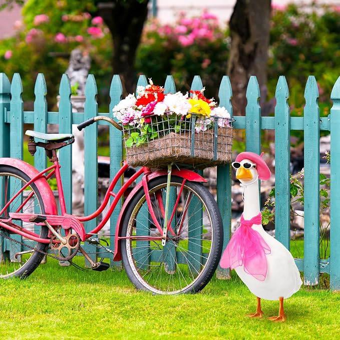 Yaomiao 3 Pcs 50s French Porch Goose Outfit Set for 23'' 17'' Cement Lawn Goose Costume Beret Hat for Carnival Statue Decor(Hot Pink)
