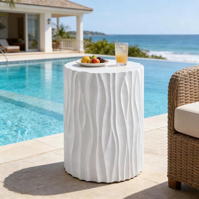 Modern White Outdoor MGO Side Coffee Table with Wavy Fluted Design 15.75" Round, 21.97" H, Assembly-Free for Patio, Garden, or Balcony White