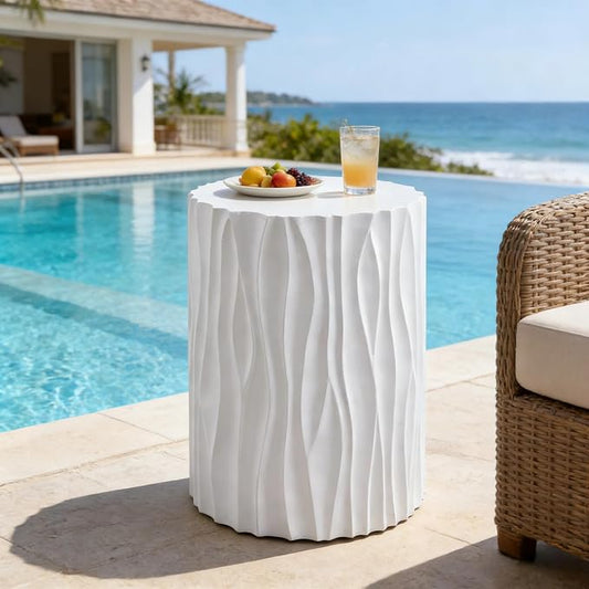 Merax 15.75” Outdoor Round Side Table, Wavy Fluted MGO Accent Table with 240 lbs Capacity, All-Weather Patio Furniture for Garden, Balcony, White