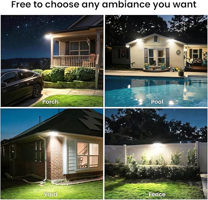 JEJOT White Solar Security Light Outdoor Super Bright LED, Motion Sensor Flood Light, 3 Heads 270° Wide Angle, Remote Control, IP65 Waterproof, 3 Modes (2 Packs)