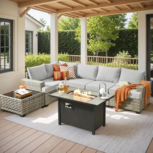 7 Pcs Outdoor Sectional Patio Furniture Set with Fire Pit Table - All Weather Wicker Modular L Shaped Outside Sectional Couch,Patio Seating Outdoor Conversation Sets for Deck Yard Garden,Grey