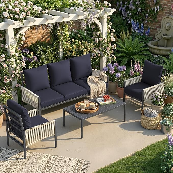 AECOJOY Aluminum Patio Sectional Sofa Set 5-Seat Dark Blue | Outdoor Furniture, Coffee Table Included, Porch & Deck Use, Conversation Set