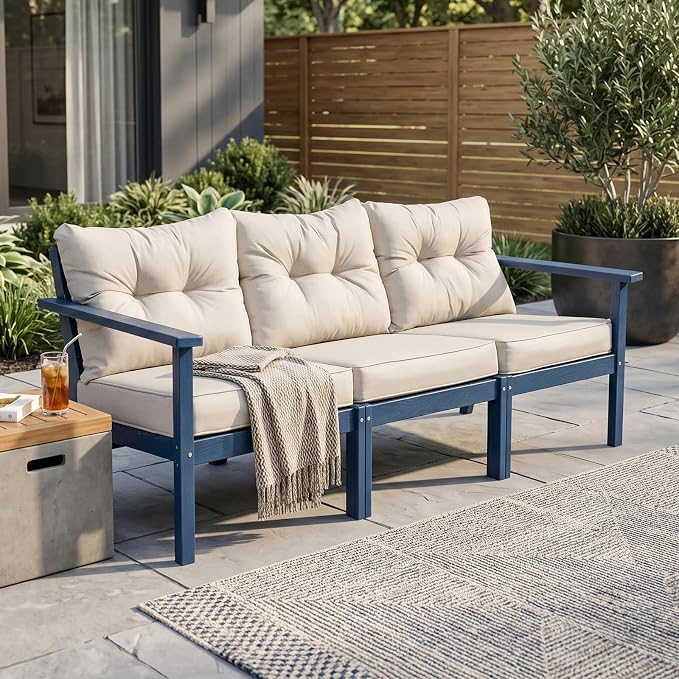 3 Seat HDPE Patio Sofa, Outdoor Couch with Thick Cushions, Patio Furniture | Water-Resistant Thick Cushion, HDPE All Weather, Wood-Grain, No Rot or Rust or Crack, UV Fade Shield, Easy-Clean for Outside