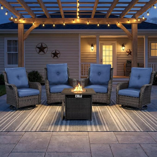 Wicker Patio Furniture Set- 4 Pieces Outdoor Swivel Rocker Chairs with 50,000 BTU Fire Pit Table,PE Rattan Outdoor Conversation Set for Garden Porch Deck