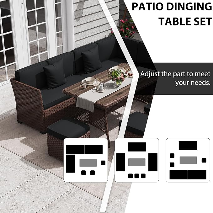 KIGOTY 7 Piece Patio Furniture Set, Outdoor PE Wicker Rattan Outdoor Dining Set, Patio Table and Chairs Set, Patio Conversation Sofa Set with Dining Table and Ottoman(Brown-Black)
