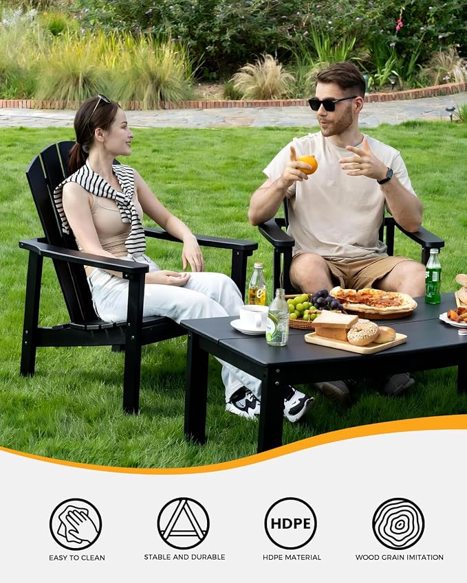 nevilywood Adirondack Coffee Table, HDPE All-Weather Wood Grain, 47.3" x 22.7" x 17", Patio, Garden, Backyard, Black