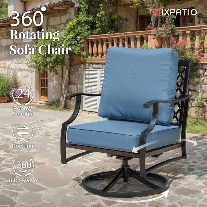 MIXPATIO Patio Furniture Set, 6 Pcs Metal Outdoor Conversation Set, 2 Swivel Chairs, 2 Ottomans and 3 Seater Sofa with 5.75" Extra Thick Cushion and Gas Fire Pit Table, Navy Blue