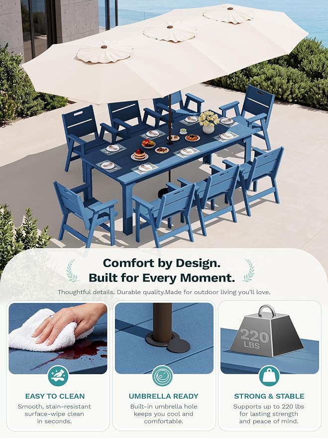 SERWALL 9 Piece HDPE Patio Dining Set, Outdoor Dining Table with 8 Chairs, All Weather Resistant Heavy Duty Outdoor Furniture with Umbrella Hole for Garden Backyard Deck, Blue