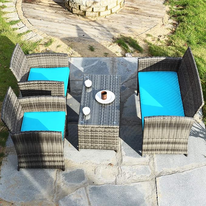 Outdoor Conversation Set, 4 Pieces Wicker Patio Furniture Set with Ergonomic Curved Design, Patio Chair Set with Water-resistant Cushion & Tempered Glass Table for Porch,Balcony(Turquoise)