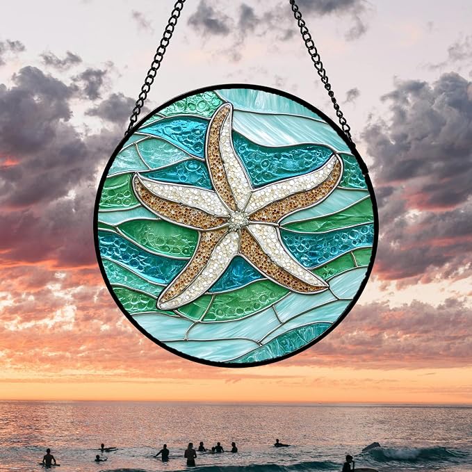 DASTOLL Stained Glass Window Hanging 4 Pcs Set Cyan Ocean Life Theme 6.3" - Sea Starfish Suncatcher Door Garden Sun Catcher Decor Birthday for Mom Woman Nana Men Friend