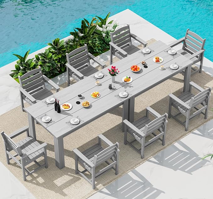 SERWALL 59" Outdoor Dining Set for 8, Light Gray | Include 2 Rectangular Tables and 8 Armrest Chairs, All Weather Dining Sets for Garden, Backyard