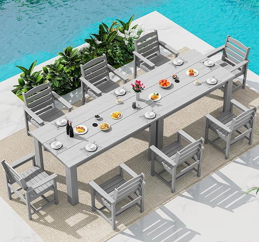 SERWALL 59" Outdoor Dining Set for 8, Light Gray | Include 2 Rectangular Tables and 8 Armrest Chairs, All Weather Dining Sets for Garden, Backyard