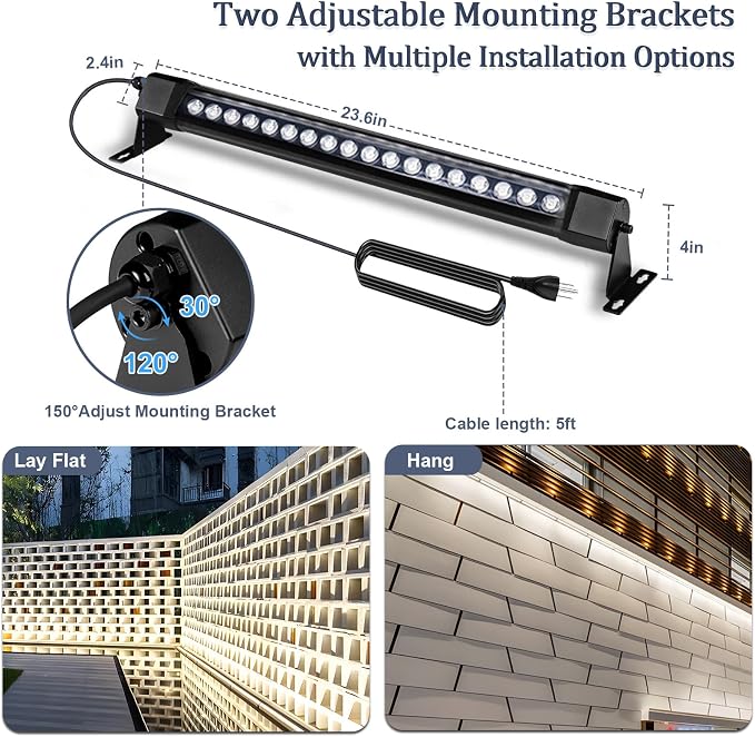 2Pack 36W Wall Washer Light 2FT 5000K 120V IP67 Waterproof Plug-in | Outdoor LED Light Bar/Lifespan 50K Hr/150° Adjustable/Landscaping Garages Driveways Home Theaters Wall Lighting Sculpture