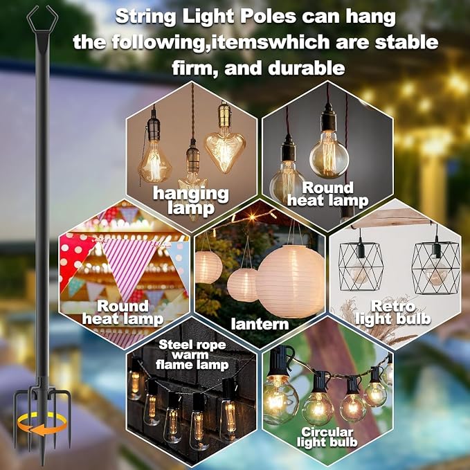 8 Pack 10 ft Heavy Duty Metal String Light Poles Adjustable Outdoor Lighting Stand for Patio,Backyard,Garden,Party & Wedding Rustproof & Sturdy with Hooks