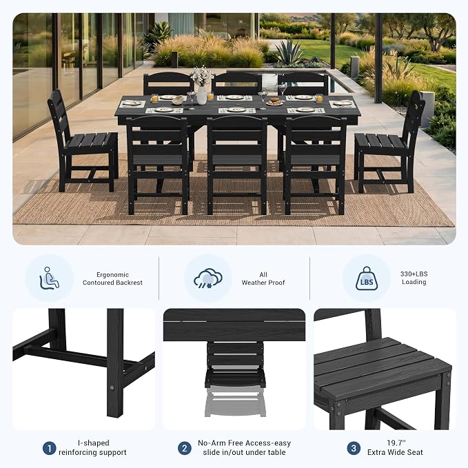 KINGYES 8-Person Outdoor Patio Dining Set with Patio Umbrella,84 inch HDPE Rectangular Table and Chairs Set，Waterproof Furniture Set with Umbrella Hole for Backyard,Black