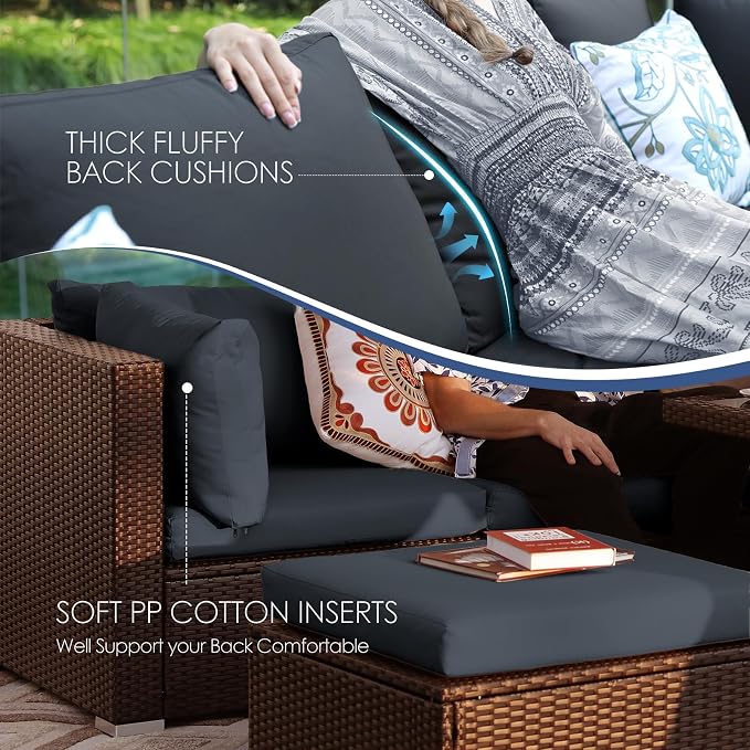 NICESOUL 13 Piece Patio Furniture w/Fireplace, Elegant Outdoor Seating w/Firepit, XL 29.3'' High Back Sectional Sofa, All-Weather Rattan Deck Couch, Modular Sturdy Conversation Set, Brown & Gray