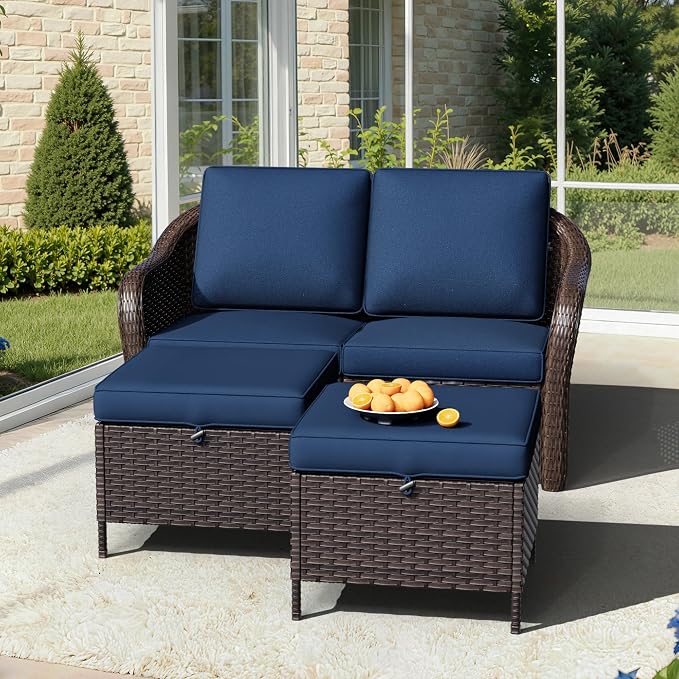 Outdoor Sectional Sofa Set | 55" 2-seat Outdoor Couch with 2 Ottomans, Outside Wicker Furniture with Removable Cushions for Bistro, Deck, Porch, Sunroom (Navy Blue)