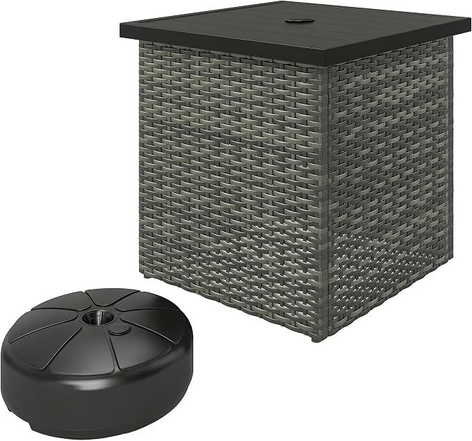 Outsunny All Weather Wicker Side Table with 1.5" Umbrella Hole, Square PE Rattan Outdoor End Table with Umbrella Base, UV-Resistant Frame, Storage Space for Patio, Garden, Poolside, Deck, Mixed-Gray
