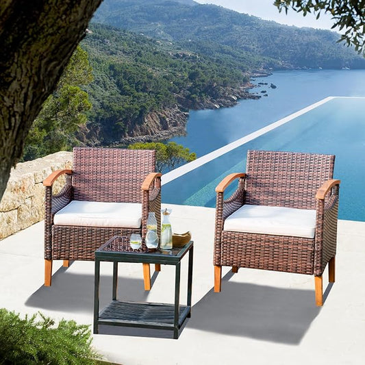 3 Pcs Outdoor Patio Furniture Sets, Outdoor Patio Rattan Chair with Side Coffee Table, Conversation Set Outdoor for Yard Garden Backyard Lawn (Brown)