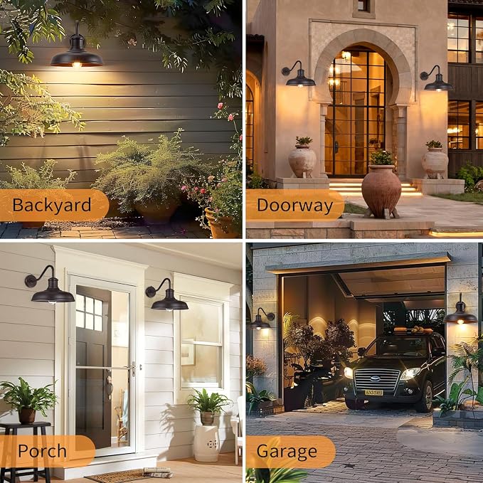 13.8'' Large Dusk to Dawn Outdoor Gooseneck Barn Light, 2 Packs | Outdoor Wall Sconce Farmhouse Exterior Lighting Fixture Industrial Lantern for House, Porch, Entryway, Garage, Brown