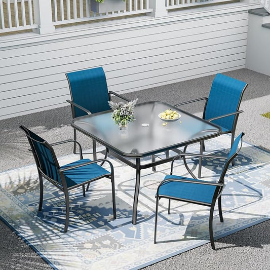 Outdoor Patio Set, 37" Square Glass Dining Table and 4pcs Stackable Chairs, All-Weather Patio Furniture Set with 1.7" Umbrella Hole for Garden Backyard Lawn Poolside