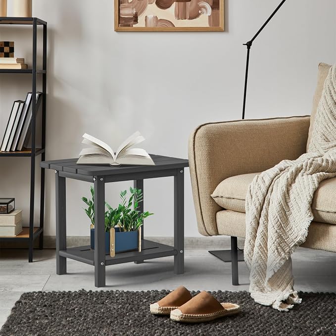 nevilywood 2-Tier End Table, Outdoor Adirondack Side Tables, Whether resisted HDPE, Wood Texture - Poolside, Patio,Lawn & Grey
