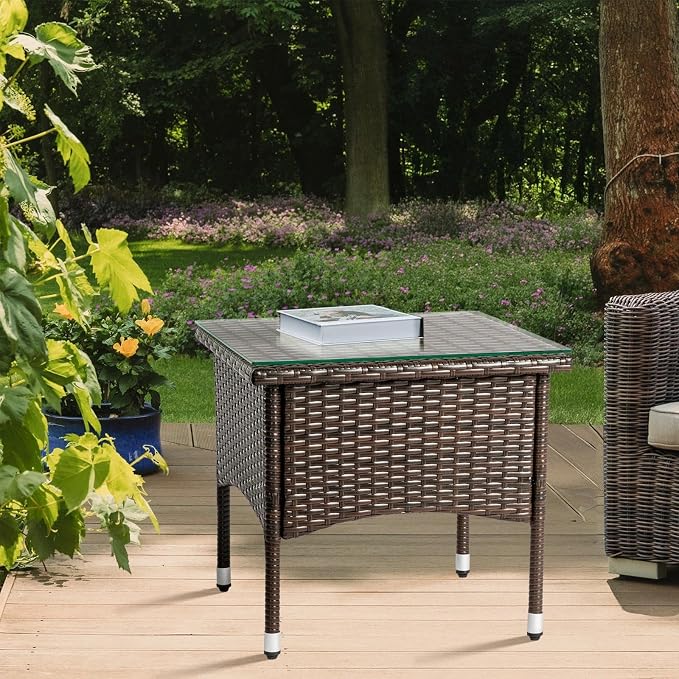HOMSUPPLIE'S Outdoor Side Table, Patio Wicker End Table with Tempered Glass Top, Rattan Coffee Table for Balcony, Porch, Deck & Poolside, All-Weather(Brown,Tempered Glass sty.1)