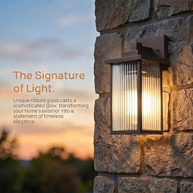 13" Oil-Rubbed Bronze Outdoor Wall Light, All-Metal Frame Porch Light | Textured Glass Softens Glare, Stays Bright. Rust-Resistant Bronze Metal. Pre-Assembled DIY Install. For Porch, Garage & Entry
