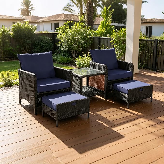 5 Piece PE Wicker Patio Furniture Set, Outdoor Conversation Chairs with Pull Out Hidden Ottoman, Soft Cushions & Glass Coffee Table, Wicker Bistro Set for Porch, Garden, Balcony, Poolside (Grey)