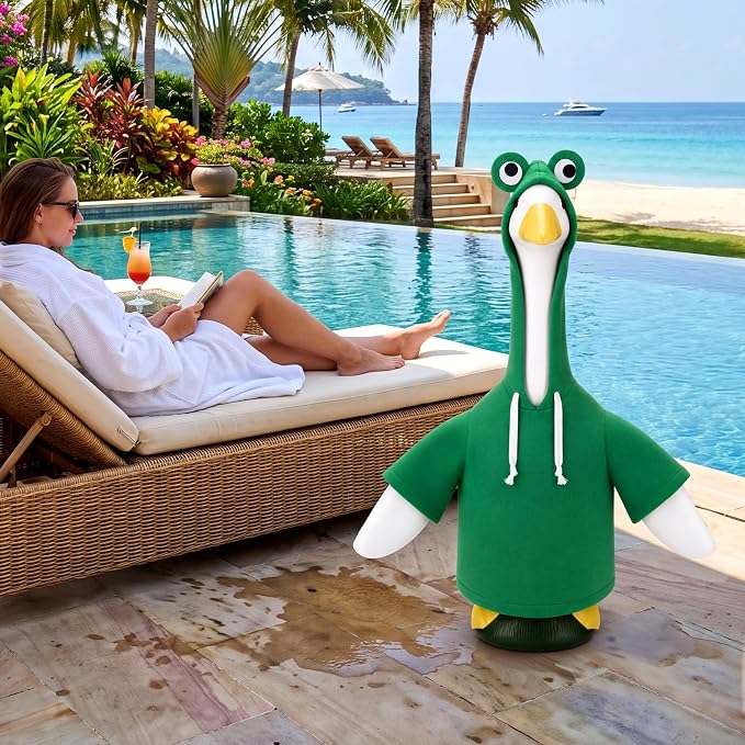 Frog Porch Goose Outfit for 23" Cement Plastic Goose Clothes Green Costume with Horns for 23" Geese Statue Decoration Patio Yard Garden Lawn Outdoor Decors