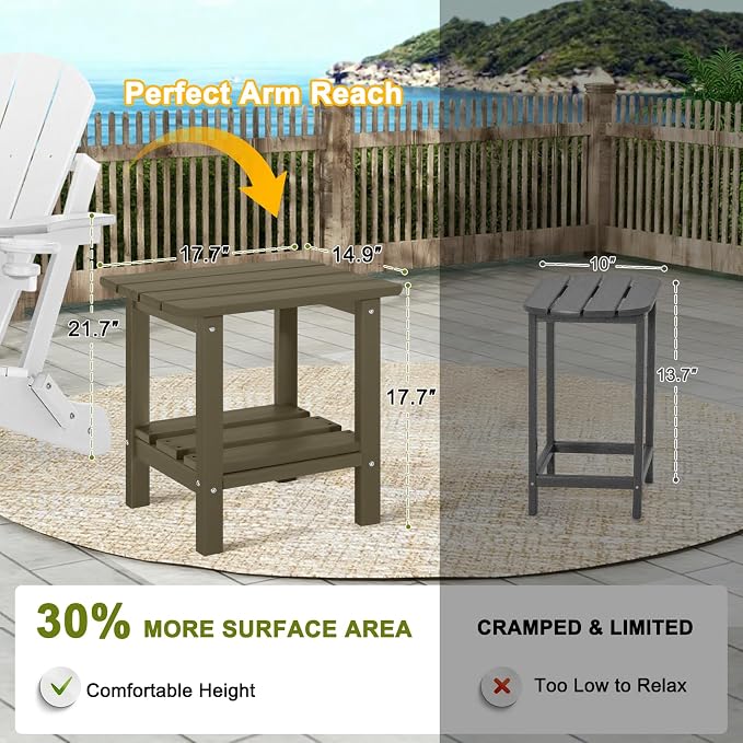 Adirondack Outdoor Side Table, 2-Tier Small Patio End Table, Weather Resistant HDPE Outdoor End Tables for Garden, Lawn, Pool, Beach, Porch, Deck, Backyard - Square, Light Brown