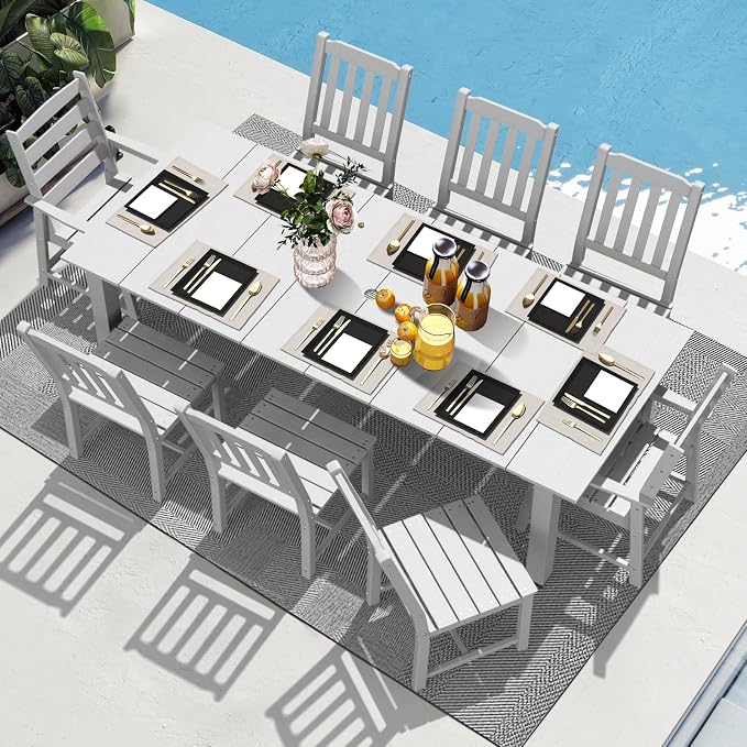 LOUNZY 9 Piece Outdoor Table and Chairs Set, HDPE Dining Furniture, White | 75.2” table,8 seat outdoor dining table set, mixed chair HDPE and ALU, moisture and UV, low maintenance outdoor furniture
