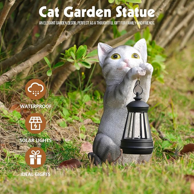 Cat Solar Lights Outdoor Garden, Cat Statue with Lantern for Cat Lover Gift | Cat Solar Lantern Garden Statue, Cat Fugurines Yard Art Lawn Ornaments Porch Patio Home Decor Gardening Gifts for Grandma Mom