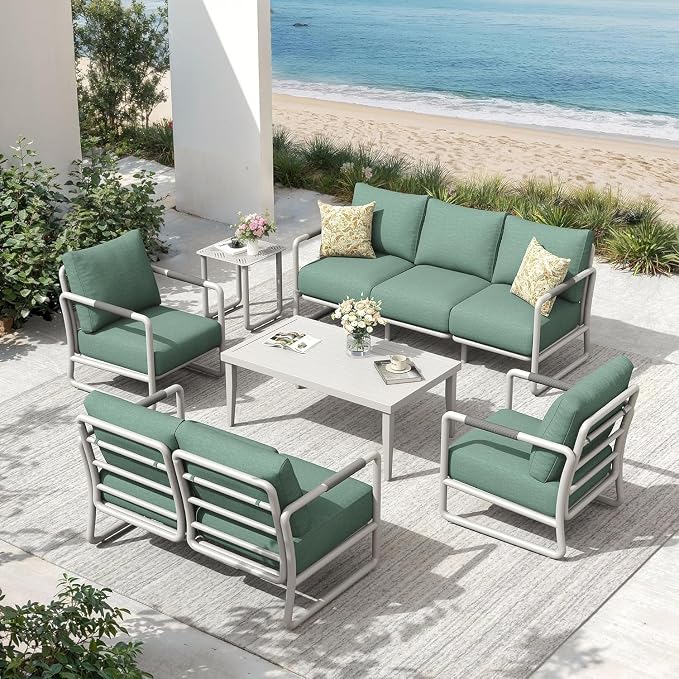 6-Piece All-Weather Aluminum Patio Conversation Set, Outdoor Sofa with Coffee Table & Thick Cushions, Modern Garden, Porch Seating for Backyard, Poolside, White