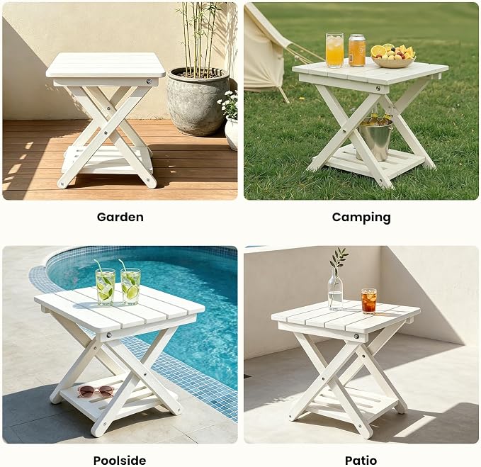 Folding Outdoor Side Table, 2-Tier Storage Heavy Duty HDPE Patio End Table | No Assembly, Weather Resistant, Wood-grain Texture, Easy to Clean, White Porch table