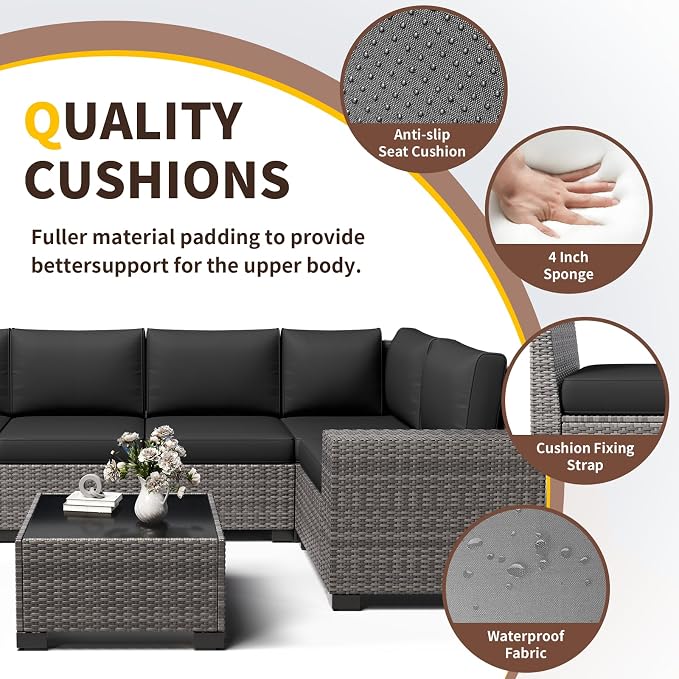 Outdoor Patio Furniture Set, 8'' Wide armrest Outdoor Sectional Rattan Sofa Set, Wicker Patio Furniture Sets w/Coffee Table,Thick Cushions and Cover for Porch, Balcony,Deck 6 PCS(Grey&Black)