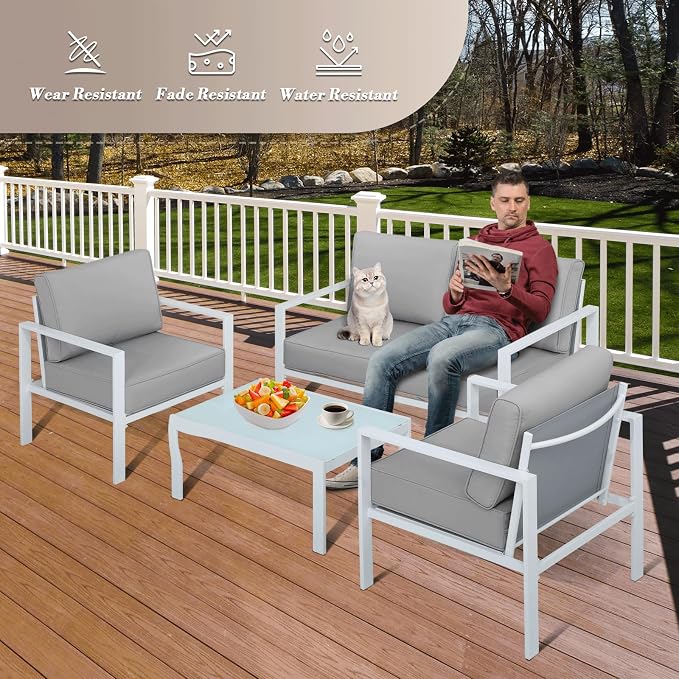 Athena Collection 4 Pieces Outdoor Patio Furniture Set, Metal Outdoor Table and Chairs Loveseat with Cushion, Patio Sofa Conversation Set Balcony Furniture for Garden, Porch, Backyard, Grey