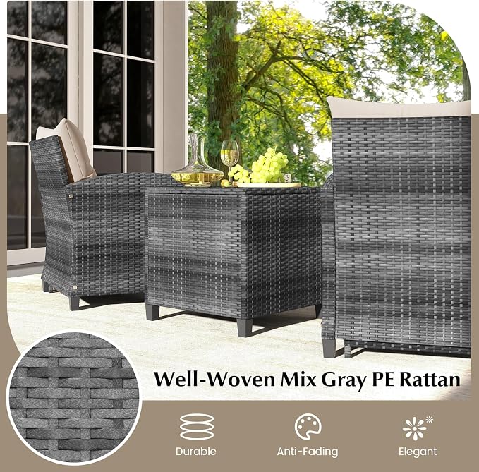 HAPPYGRILL 5-Piece Outdoor PE Rattan Conversation Set, Wicker Patio Furniture Set with Cushion, Ottoman & Coffee Table for Backyard Garden Poolside Lawn Deck Porch (Mix Grey & Beige)