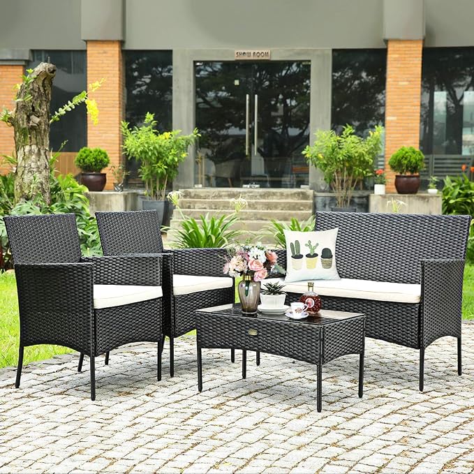 Tangkula 8 Piece Patio Furniture Set, Outdoor Wicker Conversation Set with Tempered Glass Coffee Table, Rattan Loveseat & Chairs Set with Seat Cushions for Backyard, Garden, Poolside (2, Beige)