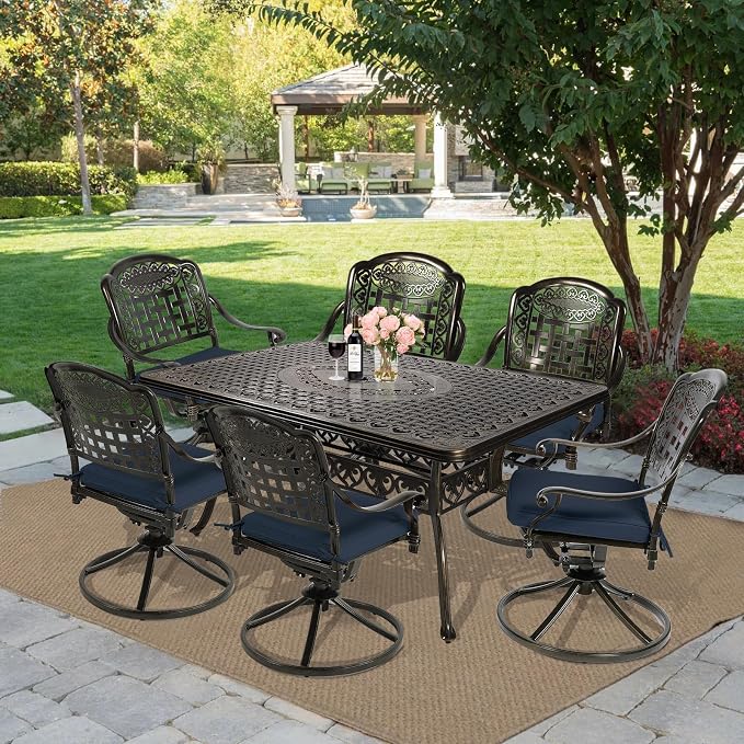 MEETWARM 7-Piece Outdoor Patio Dining Set, All-Weather Cast Aluminum Patio Conversation Set with 6 Cushioned Swivel Rocker Chairs for Backyard Garden Deck, 1 Rectangular Table, Navy Blue