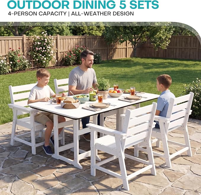 5-Piece Dining Set, HDPE Table & 4 Chairs, White | HDPE Dining Set: 69.1" Table + 4 Chairs, 380 lbs, 304 Stainless, All-Weather, No Rust No Crack, Outdoor Patio Garden