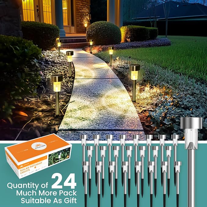 GIGALUMI 24 Pack Solar Lights Outdoor Waterproof, Stainless Steel | Solar Pathway Lights, Solar Garden Lights for Patio, Lawn, Yard and Landscape LED (Warm White)