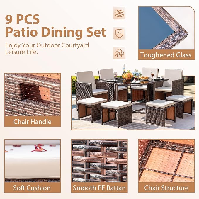 Homall 9 Pieces Dining Outdoor Furniture Patio Wicker Rattan Chairs and Tempered Glass Table Sectional Conversation Set Cushioned with Ottoman (Brown)