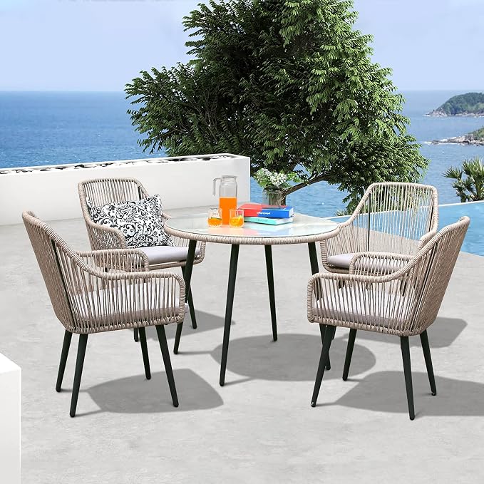 Patiorama Outdoor Dining Table, 35'' Patio Round Table, All-Weather Rope Rattan Wicker Patio Dining Table, Patio Tempered Glass Table with Umbrella Hole, Outdoor Coffee Table for Lawn Garden Pool(Tan)
