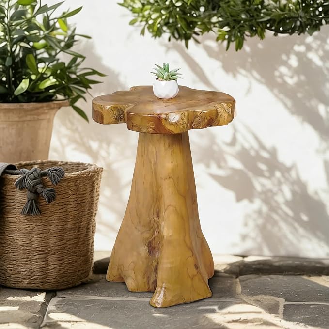 Teak Wood Stump Side Table 14"x15"x19" H Solid Natural Wood Live Edge Tree Stump Plant Stand Rustic Handmade Coffee End Table for Living Room Bedroom Outdoor Garden