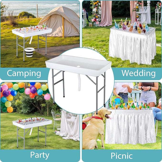 SUPER DEAL Party Ice Cooler Folding Table with 5L Bucket, Portable Outdoor Cooler Table with Removable Matching Skirt, Large Sink and Drain for BBQ, Picnic, and Camping