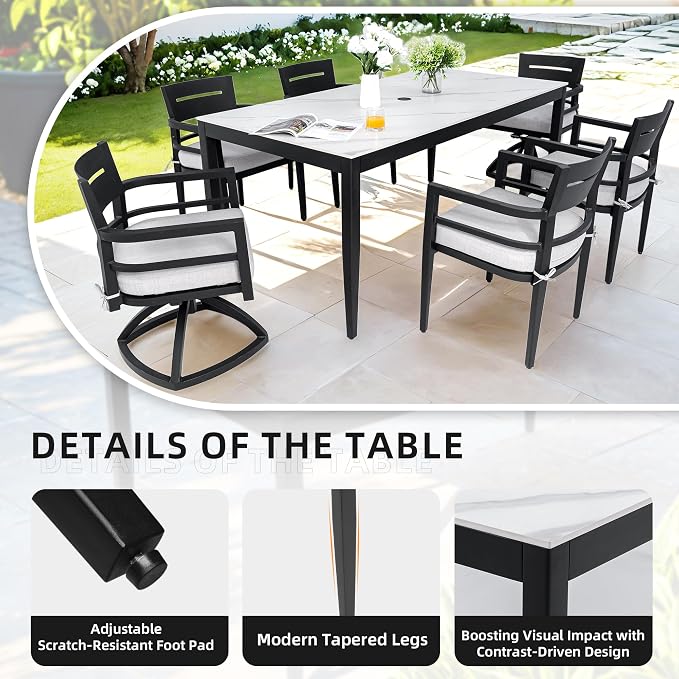 Luxury Outdoor Aluminum Dining Table for 6-8, Rectangular Patio Table with White Marble Pattern Sintered Stone Top, Post Tapered Legs for Garden, Lawn, Weatherproof & Rust-Free