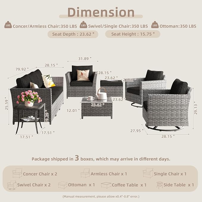 CAODOC Fully Assembled & Spacious 9-Pc Outdoor Sofa Set, Patio Rattan Conversation Group with Rocking Chair and Tea Table