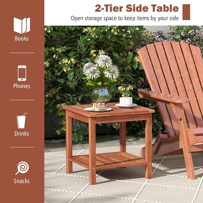 HAPPYGRILL Adirondack Outdoor Side Table Patio 2-Tier Square End Table, Acacia Wood Coffee Table for Porch, Poolside, Backyard, Garden, Balcony, Living Room