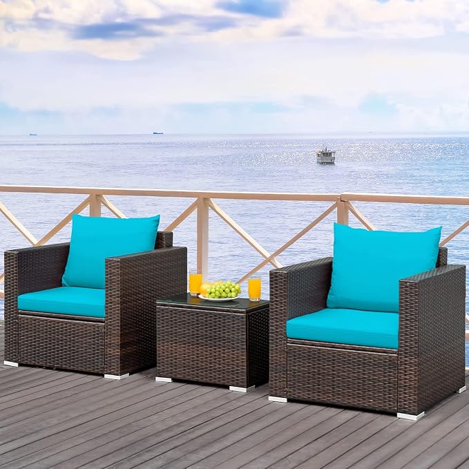 RELAX4LIFE 3-Piece Wicker Bistro Set - Outdoor Patio Rattan Sofa Set w/Washable Cushions & Tempered Glass Coffee Table, Conversation Furniture Set for Backyard, Porch, Garden & Poolside (Turquoise)